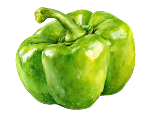 Close-up of a vibrant green bell pepper, rendered with painterly strokes, showcasing a glossy texture and a bulbous shape
