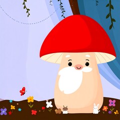 Obraz premium Cute mushroom character surrounded by flowers and animals
