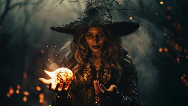 Mysterious figure wearing a witch's hat holds a glowing orb in misty forest path. Eerie darkness enhances magical ambiance. Concept of fantasy, storytelling, entertainment
