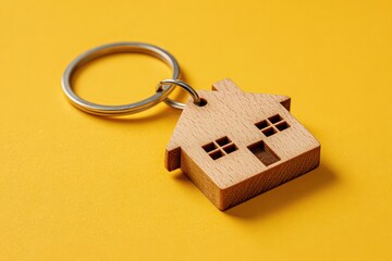 Key to New Beginnings: A charming wooden house key ring, symbolizing home and property ownership, rests against a vibrant yellow backdrop, evoking a sense of security, comfort, and fresh starts.