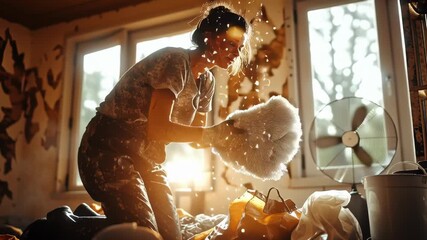 Woman kneels on floor, cleaning up water-damaged room scattered with debris. Dust reflects sunlight streaming through window, creating somber atmosphere