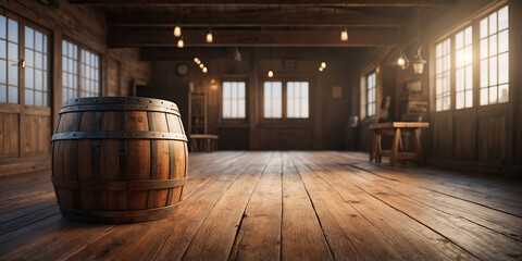 Wooden barrel inside a rustic interior, perfect for an Oktoberfest celebration