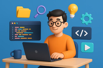 A charming 3d illustration of a male web developer with a laptop, with icons for folders, lightbulbs, and code, perfect for technology and coding themes