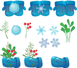 vector new year illustration, mittens, hands, winter, snow, snowmen, christmas, holiday, branches, snowball