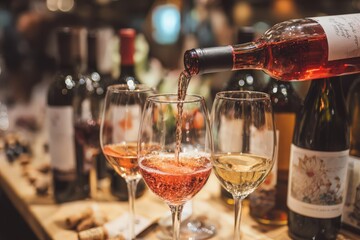 Wine Pouring: A captivating moment of a wine pouring, revealing the intricate process of a sommelier expertly pouring from a bottle into a gleaming glass.