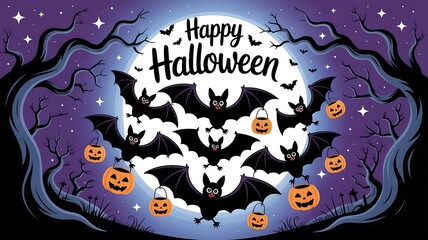 Happy Halloween Text with Bats and Jack-o'- Lanterns Under Full Moon