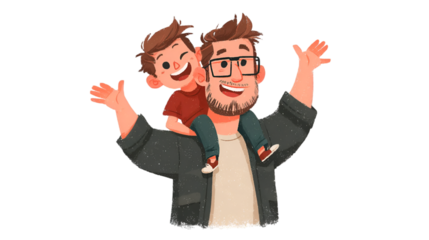 Illustration of a happy father carrying his son on his shoulders isolated on transparent background