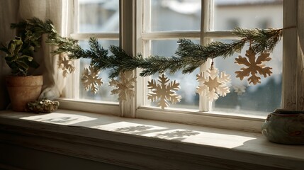 Winter window decoration featuring snowflakes and evergreen garland, casting soft shadows on the sill, creating a cozy and festive atmosphere in a sunlit room