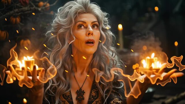 A witch casts spells surrounded by candlelight in a warm workshop filled with mystical elements. Dark, atmospheric setting with glowing candles and potion ingredients