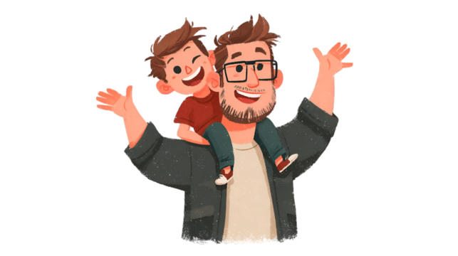 Illustration of a happy father carrying his son on his shoulders isolated on transparent background