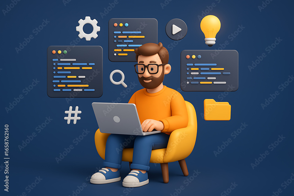 Wall mural young male coder working on laptop surrounded by software development icons and symbols for technolo