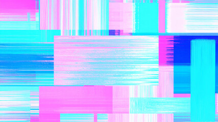 A modern and vibrant abstract background featuring a digital glitch effect. The image is composed of horizontal and vertical blocks of pixelated noise in bright pink, magenta, and blue tones, creating