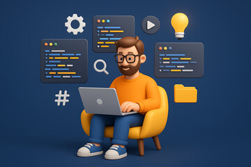 Young male coder working on laptop surrounded by software development icons and symbols for technology or programming