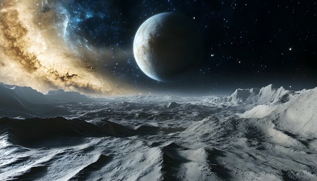 A planet with a large moon is in the background. The planet is surrounded by a large cloud of dust