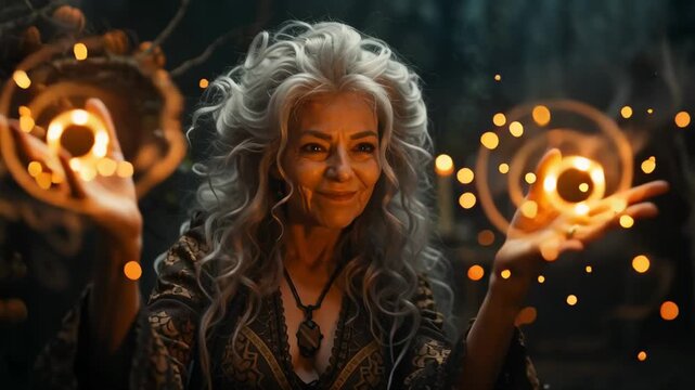 Witch crafts potion using glowing orb in candlelit workshop. Surrounded by pumpkins and mystical artifacts, this enchanting setting highlights magic and mystery