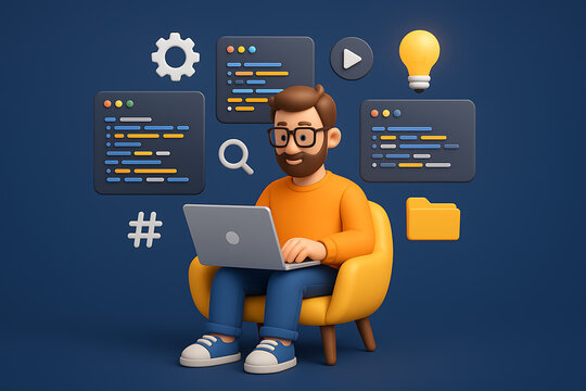 Young male coder working on laptop surrounded by software development icons and symbols for technology or programming