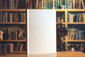 A white book stands upright on a wooden table in front of a bookshelf filled with various books