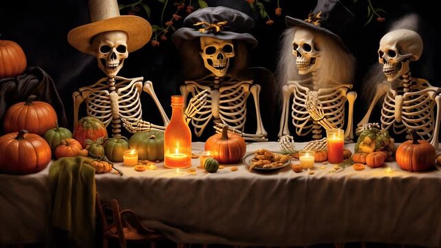 Skeletons sitting at elaborately decorated Halloween table filled with pumpkins and candles. Dark, ambiguous environment evokes eerie yet festive charm