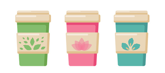 Set of tea glasses, vector illustration of a cup of hot drink. Flat style. Green, pink and blue mug of mint tea, hibiscus, matcha.