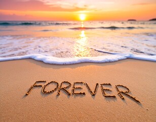 Forever word carved in beach sand with dreamy sunset light for love, wedding, and inspirational branding backgrounds