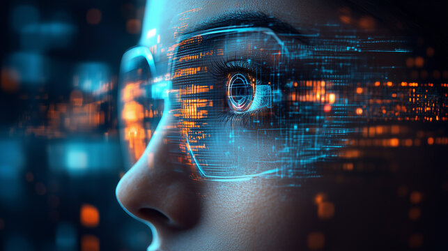 Human eye views digital information overlay in a futuristic augmented reality experience, showing data processing and intelligent vision.