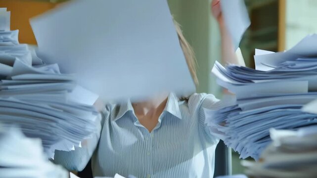 A woman is sitting in a pile of papers and looking very stressed. She is surrounded by stacks of paper and seems to be overwhelmed by the amount of work she has to do