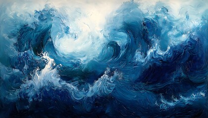 A painting of a wave with a white boat in the middle. The boat is surrounded by the wave and the water is blue