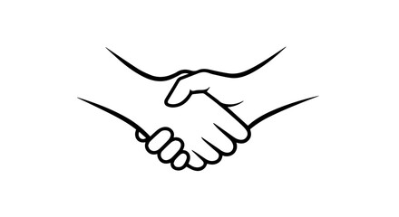 Minimalist black line art icon of two hands clasped in a firm handshake gesture rendered in a simple clean graphic style.