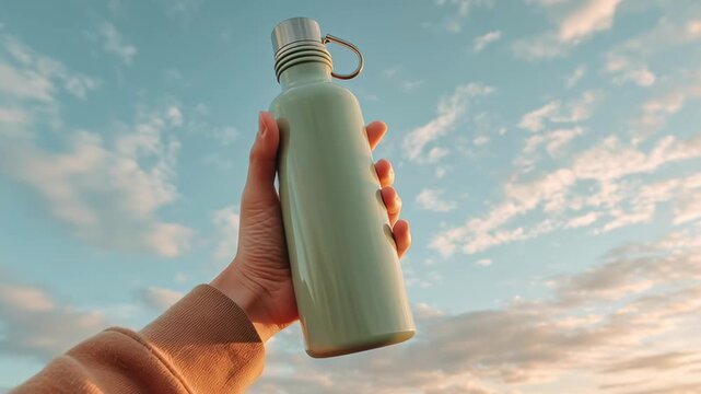 A person is holding a green water bottle in their hand while looking up at the sky. The bottle is made of metal and has a silver cap. The sky is clear and blue, with a few clouds scattered throughout