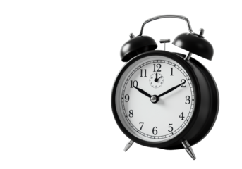 Pristine black twin-bell alarm clock with white face, black hands set to 8:00, on light grey matte surface, transparent negative space, soft lit high-angle studio shot, concept of business precision