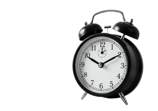 Pristine black twin-bell alarm clock with white face, black hands set to 8:00, on light grey matte surface, transparent negative space, soft lit high-angle studio shot, concept of business precision