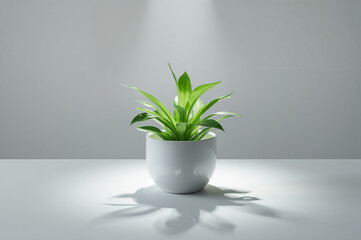 A healthy, green plant in a white pot under dramatic studio lighting.