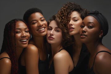 Obraz premium Diverse group of happy women smiling at camera, multicultural friends