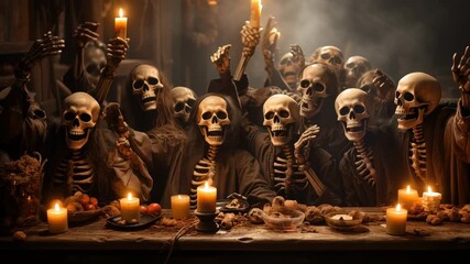 Skeletons celebrate Halloween party with joy and excitement. Room filled with candles and spooky decorations creates festive atmosphere. Concept of Halloween fun, party planning, entertainment