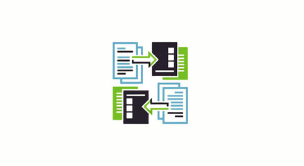 Minimalist icon of file conversion and data exchange with colorful documents and arrows.