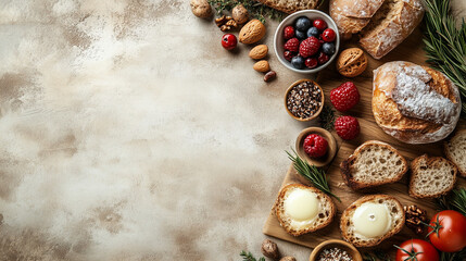 A delightful selection of artisan bread, colorful fresh berries, and natural nuts is beautifully presented on a wooden board.