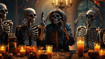 Skeletons enjoying lively Halloween party around a festive table. Warm candlelight and autumn leaves create spooky ambiance. Concept of Halloween festivities, party planning, seasonal celebrations