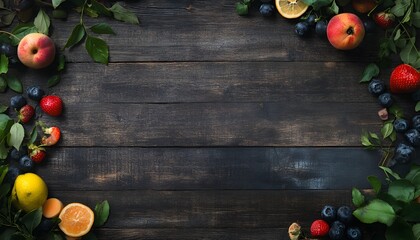 A wooden frame with a variety of fruits and vegetables. There are apples, oranges, strawberries, and blueberries