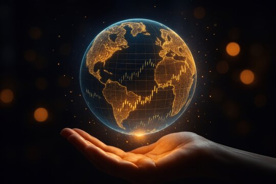 Hand Holding a Glowing Earth with Graph Lines, Symbolizing Global Data and Connectivity in a Technological Landscape