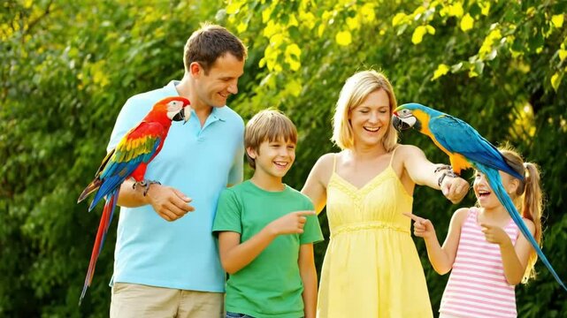 Family with Macaws Outdoors