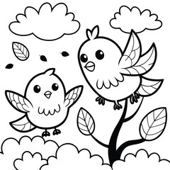 Coloring book bird theme, black and white vector illustration perfect for creative art activities, printable worksheets, educational projects, and children’s nature-inspired coloring pages.