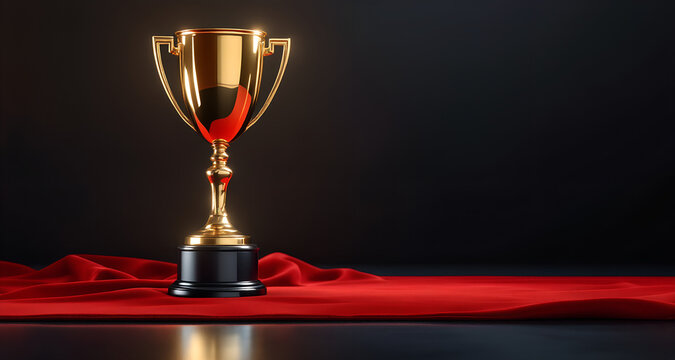 Golden trophy cup on red carpet for award ceremony concept
