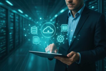 A Business Professional Engaging with Cloud Computing Technology in a Server Room, Utilizing Data Analytics and Management Tools for Enhanced Efficiency
