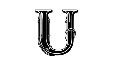 Ornate black and white letter U designed as two tall candles wrapped in a ribbon.