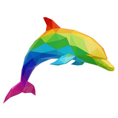 Fototapeta premium Vibrant low poly rainbow dolphin leaping gracefully through water isolated on transparent background