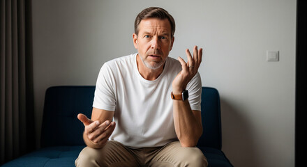 Serious adult man engages in deep thought, gesturing expressively while seated comfortably on a modern sofa, conveying a complex idea or seeking understanding.