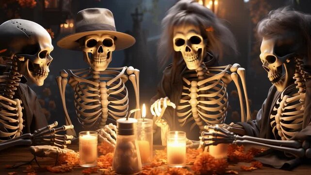 Skeletons sit around rustic table with flickering candles discussing tales. Spooky ambiance created by dim lighting and autumn decorations. Concept of Halloween, spooky gatherings, themed parties
