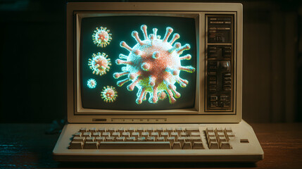 Cybersecurity concept with boot viruses on vintage computer screen