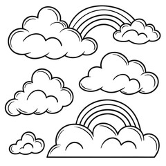Cloud drawings theme image, black and white vector illustration perfect for coloring book pages, creative design projects, printable art, educational worksheets, and children&rsquo;s sky-themed activities.