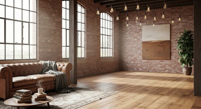 Spacious industrial style living room or studio with exposed brick walls, large factory windows, a comfortable leather sofa, and modern hanging light fixtures, offering a rustic yet chic ambiance.